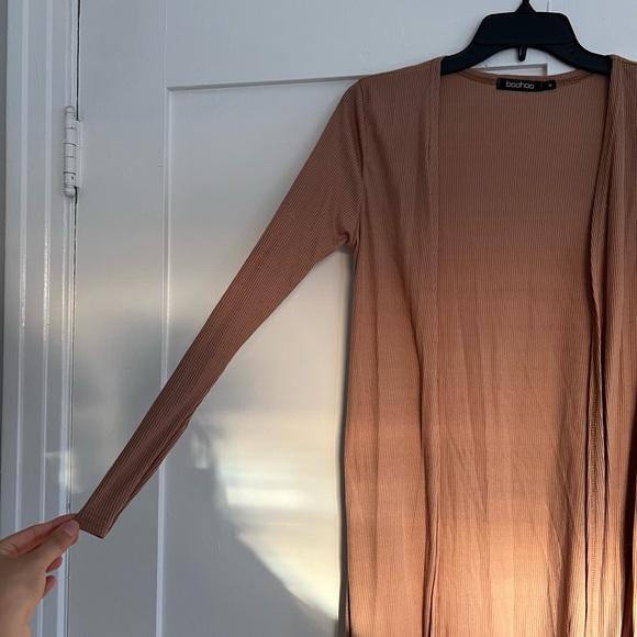 Boohoo Open-Front Ribbed Duster Cardigan, Camel Color, Size M - Picture 4 of 5